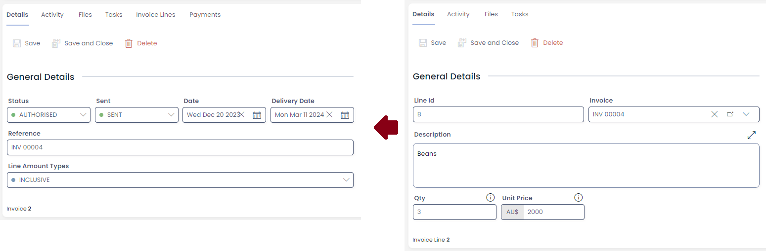 Details of Invoice 2 and Invoice Line 2 that looks up to it